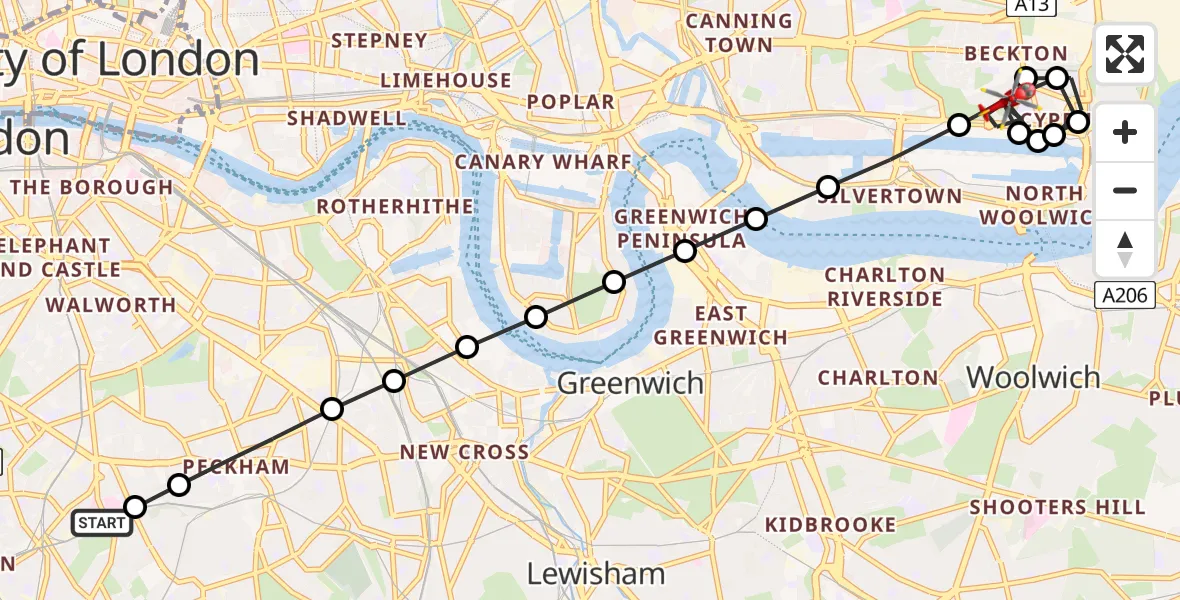 Flight route Air Ambulance Helicopter Kings College London Hospital - London Red Bull Airport, 25 May 2026, 11:55