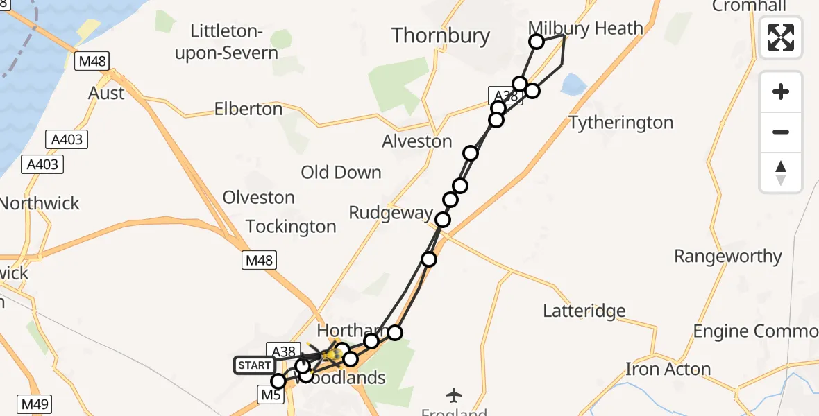 Flight route Police Helicopter Almondsbury - Almondsbury Helicopter Base, 25 May 2026, 11:56