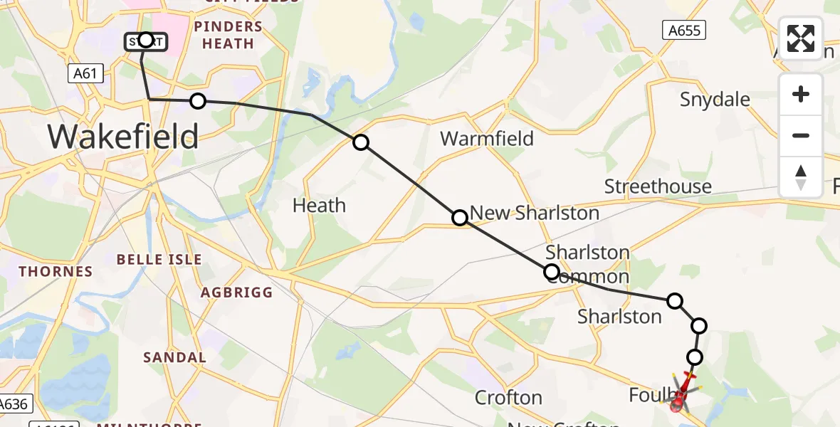 Flight route Air Ambulance Helicopter Newton Hill - YAA Nostell Helicopter Port, 25 May 2026, 11:58
