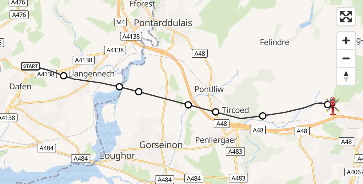 Flight route Air Ambulance Helicopter Dafen - Morriston Hospital Helipad, 25 May 2026, 12:00