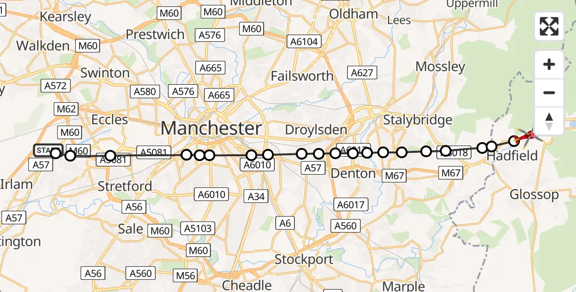 Flight route Air Ambulance Helicopter Manchester Barton Aerodrome - Tintwistle, 25 May 2026, 12:01