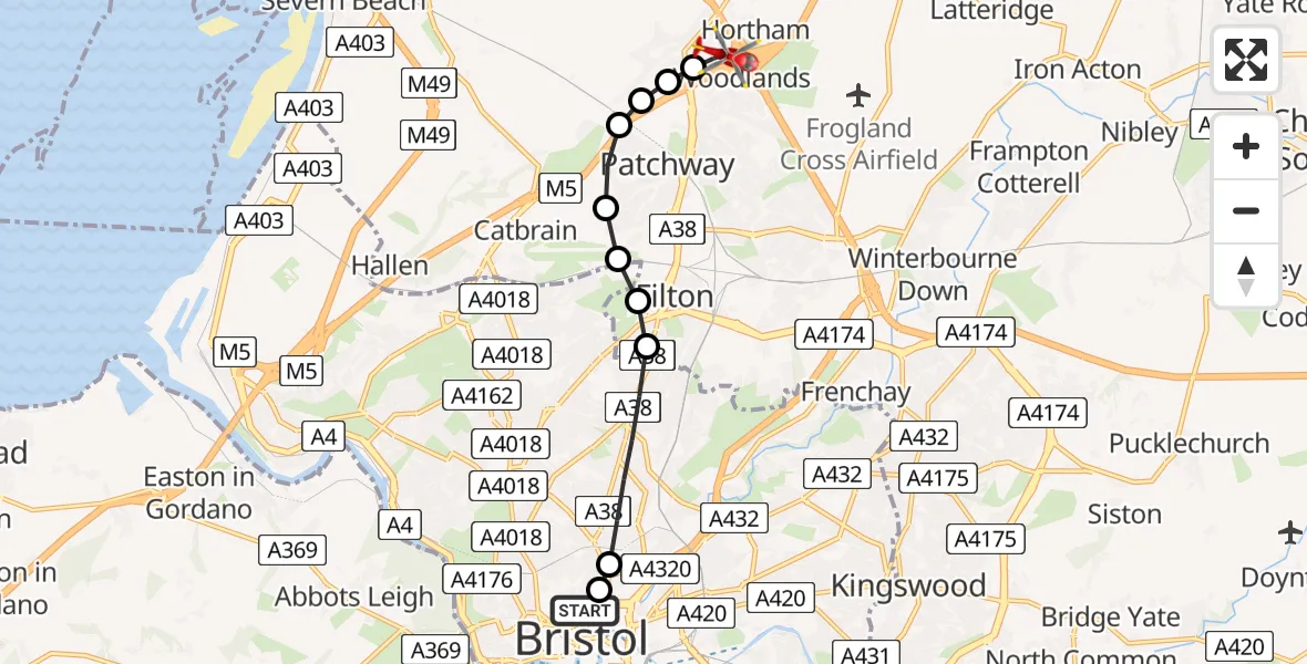 Flight route Air Ambulance Helicopter Bristol Royal Infirmary - Almondsbury Helicopter Base, 25 May 2026, 12:05