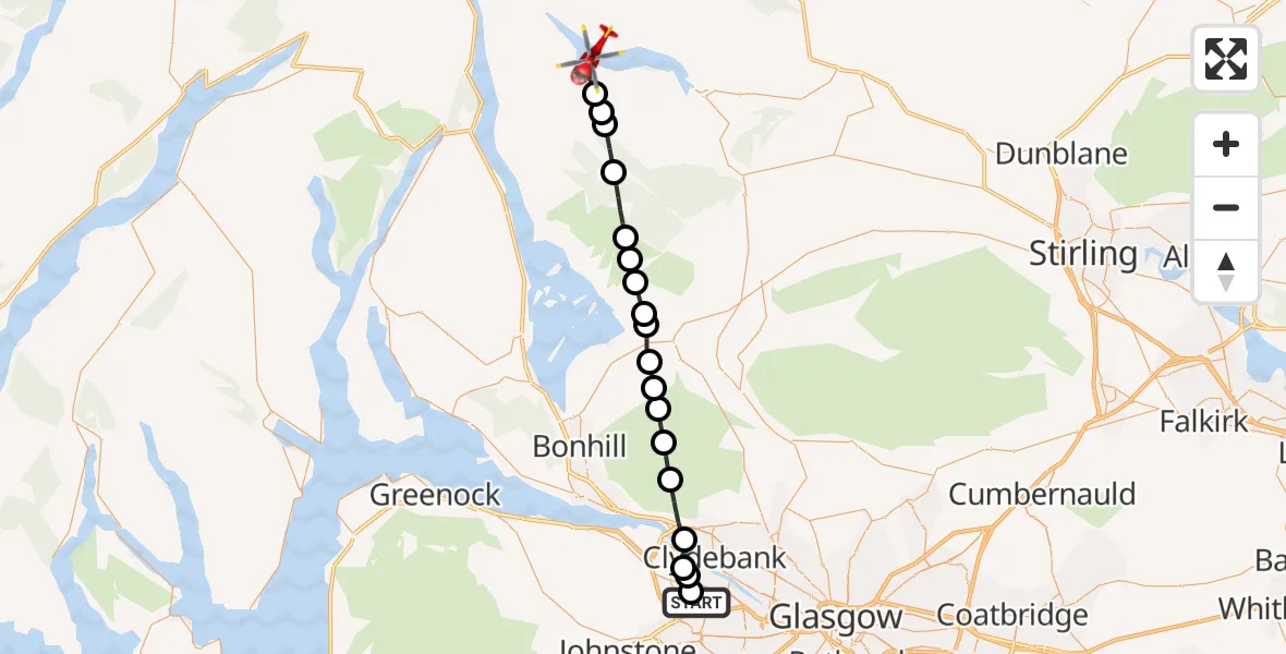 Flight route Air Ambulance Helicopter Glasgow Airport - Loch Katrine, 25 May 2026, 12:09