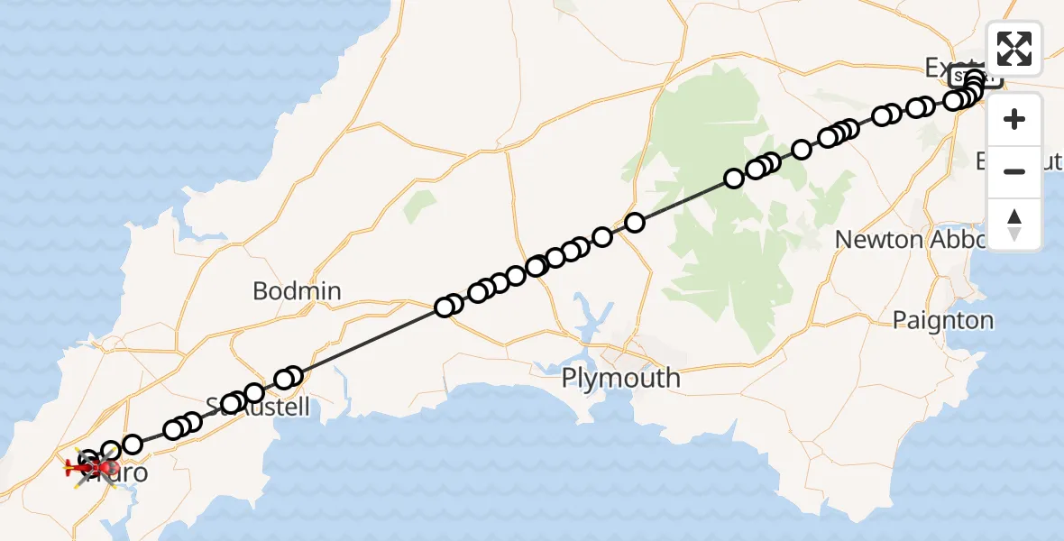 Flight route Air Ambulance Helicopter Royal Devon & Exeter Hospital - Treliske Hospital, 25 May 2026, 12:16