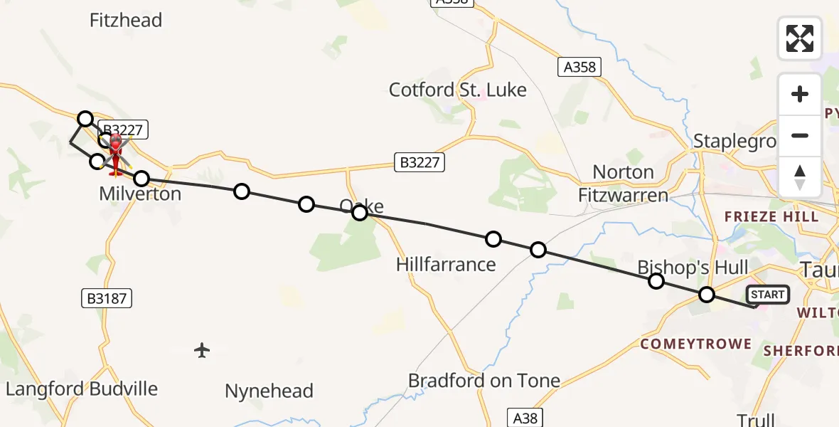 Flight route Air Ambulance Helicopter Musgrove Hospital - Milverton, 25 May 2026, 12:19