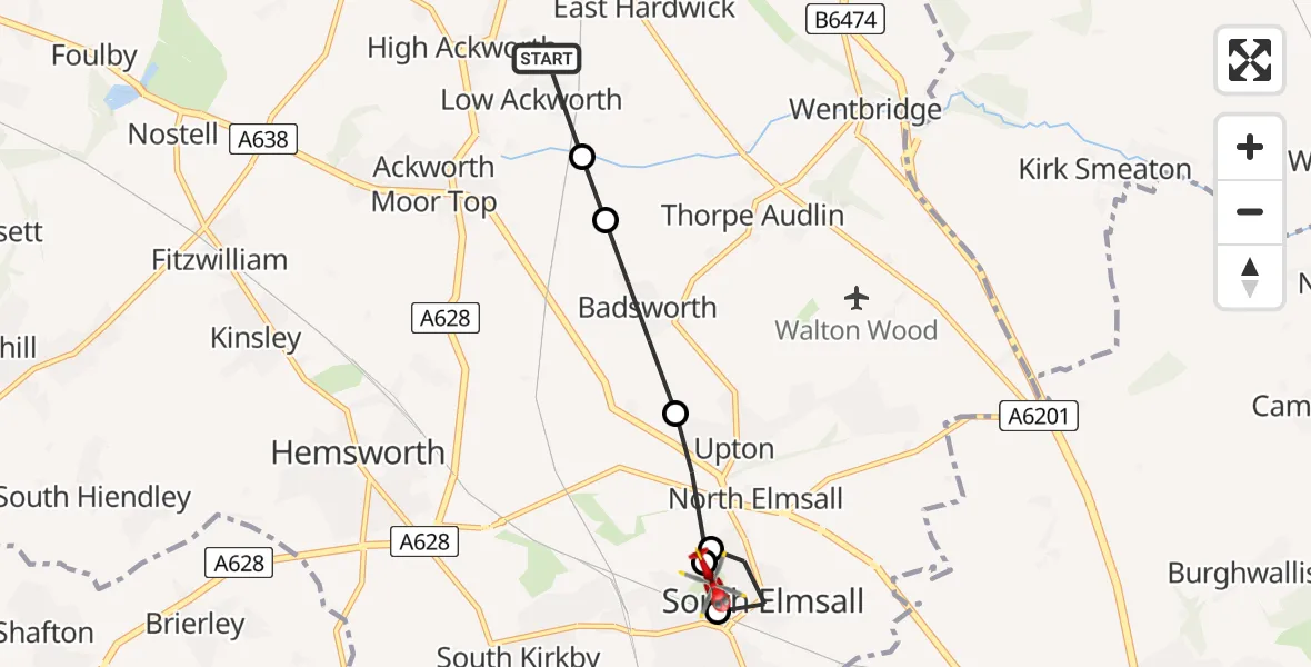 Flight route Air Ambulance Helicopter Low Ackworth - South Elmsall, 25 May 2026, 12:39