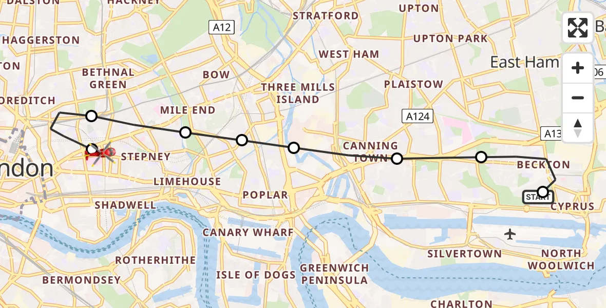 Flight route Air Ambulance Helicopter London Red Bull Airport - Royal London Hospital, 25 May 2026, 12:41