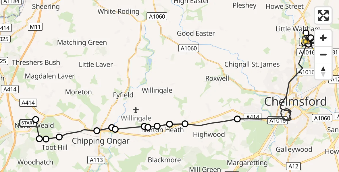 Flight route Police Helicopter North Weald Airfield - Chelmsford, 25 May 2026, 12:44