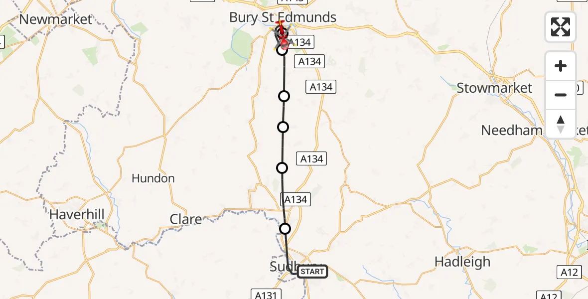 Flight route Air Ambulance Helicopter Sudbury - West Suffolk Hospital, 25 May 2026, 12:51