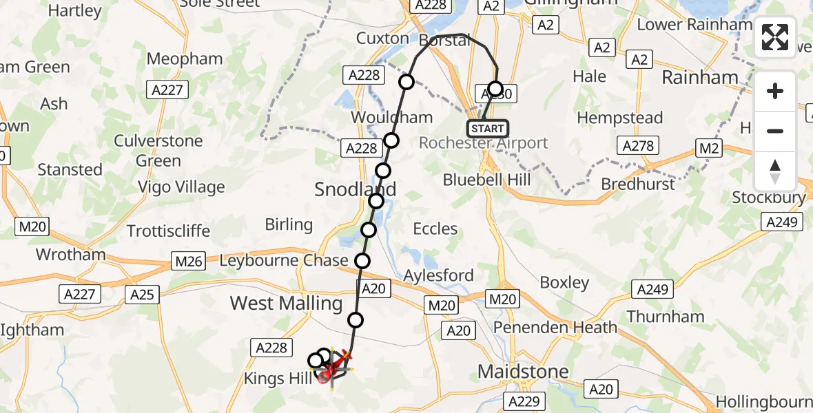 Flight route Air Ambulance Helicopter Rochester Airport - East Malling, 25 May 2026, 12:55