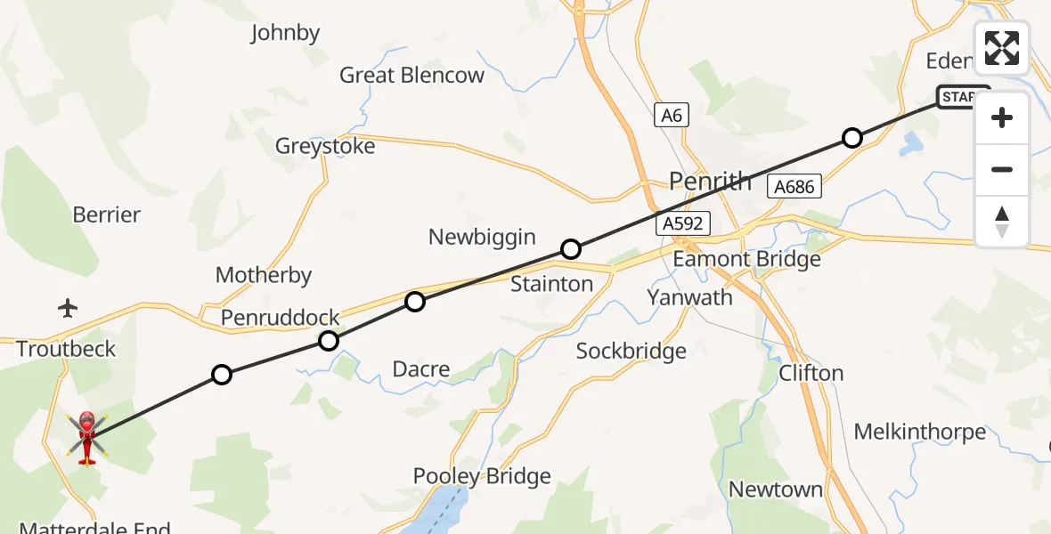 Flight route Air Ambulance Helicopter Edenhall - Troutbeck, 25 May 2026, 12:55