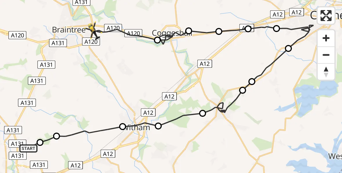 Flight route Police Helicopter Little Waltham - Braintree, 25 May 2026, 13:02