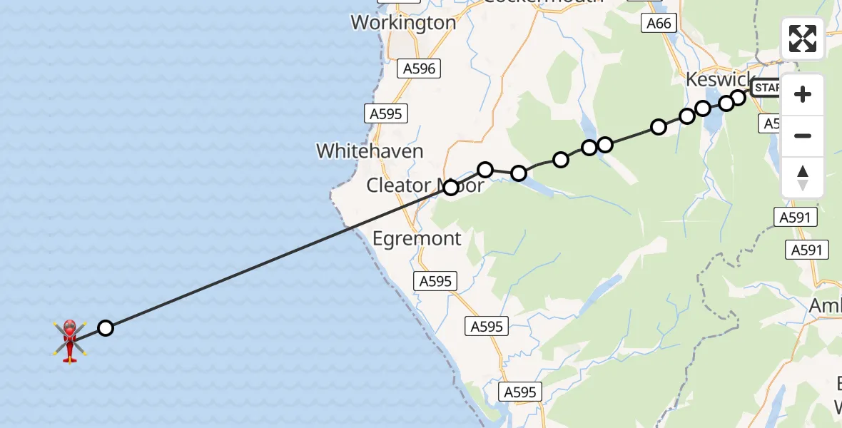 Flight route Air Ambulance Helicopter St. John's Castlerigg and Wythburn - Irish Sea, 25 May 2026, 13:02