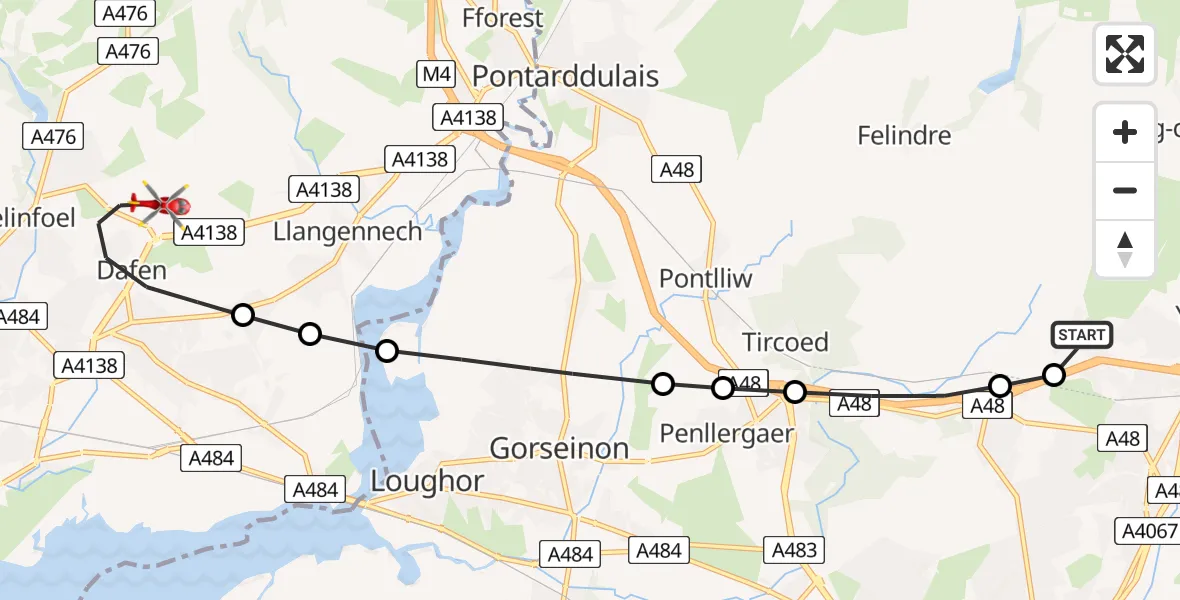 Flight route Air Ambulance Helicopter Morriston Hospital Helipad - Dafen, 25 May 2026, 13:03