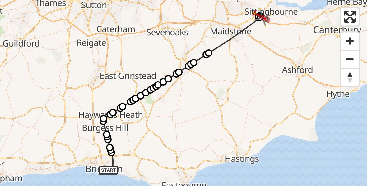 Flight route Air Ambulance Helicopter Brighton - Bredgar, 25 May 2026, 13:05