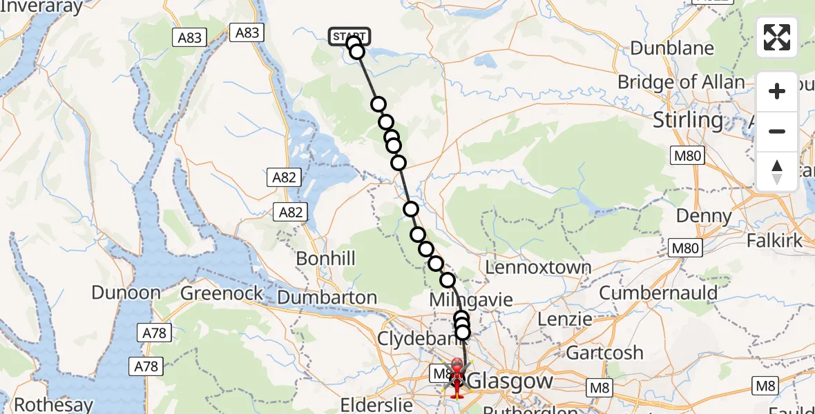 Flight route Air Ambulance Helicopter Kinlochard - Queen Elizabeth Hospital, 25 May 2026, 13:24