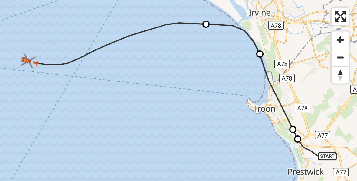 Flight route Coastguard Helicopter Glasgow Prestwick Airport - Inner Seas, 25 May 2026, 13:25