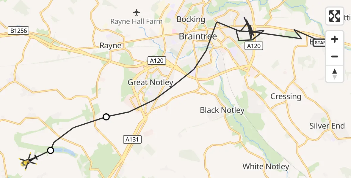 Flight route Police Helicopter Braintree - Ford End, 25 May 2026, 13:27