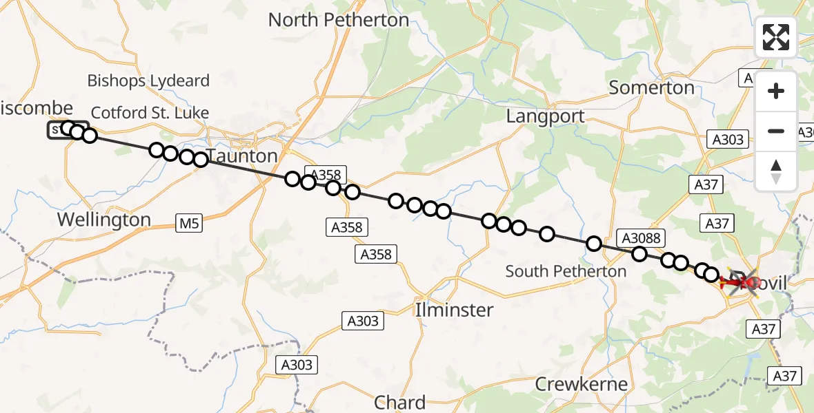 Flight route Air Ambulance Helicopter Taunton - Yeovil, 25 May 2026, 13:33