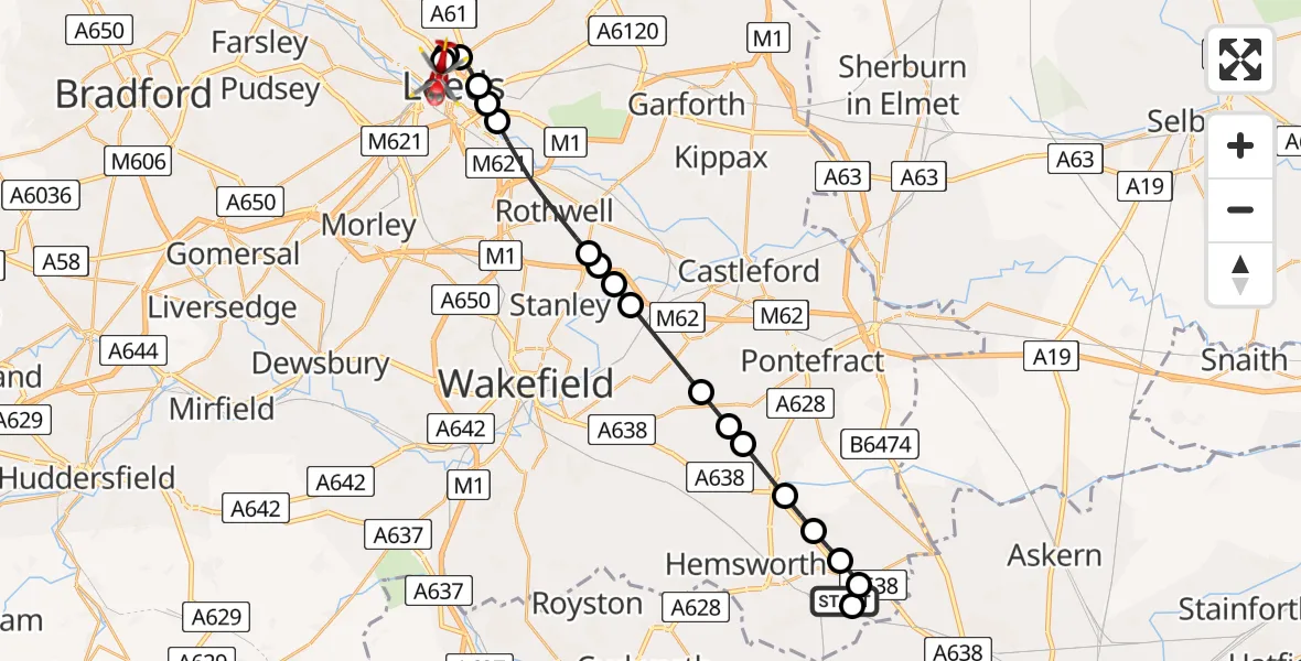 Flight route Air Ambulance Helicopter North Elmsall - Woodhouse, 25 May 2026, 13:33