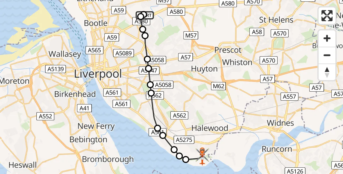 Flight route Coastguard Helicopter Fazakerley - Liverpool John Lennon Airport, 25 May 2026, 13:38