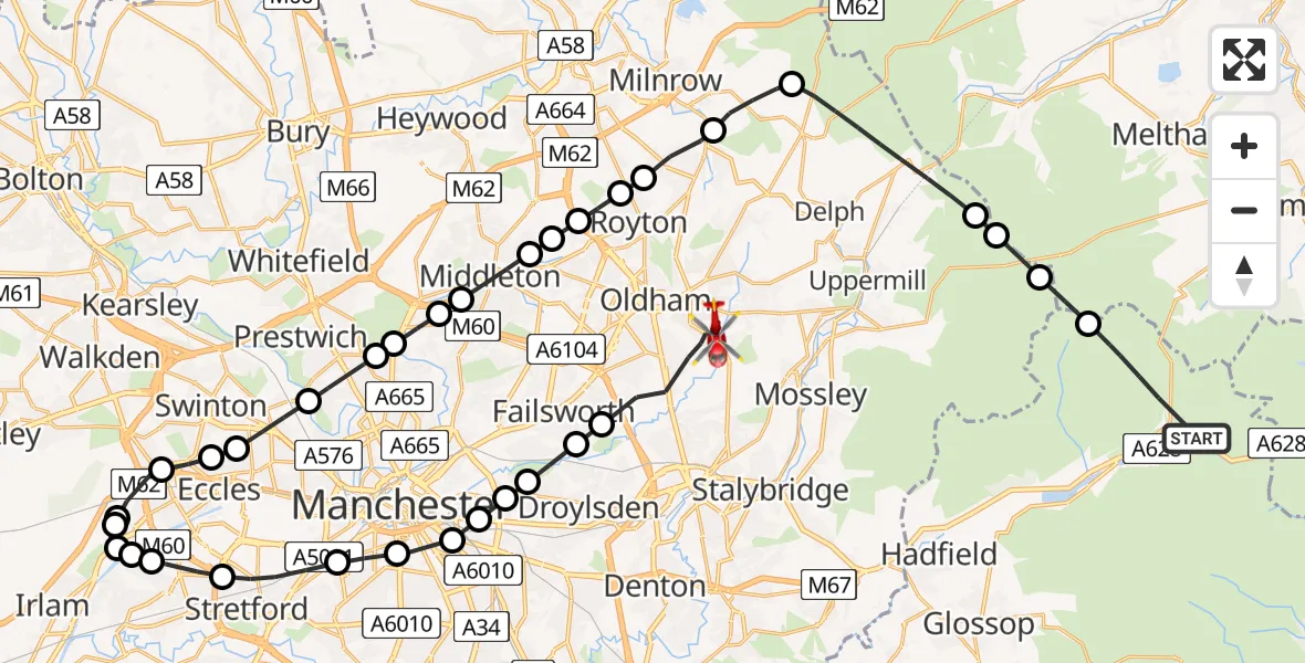 Flight route Air Ambulance Helicopter Tintwistle - Oldham, 25 May 2026, 13:42