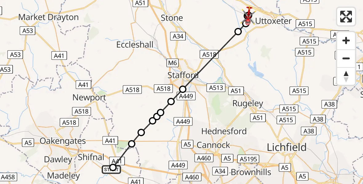 Flight route Air Ambulance Helicopter RAF Cosford - Bramshall, 25 May 2026, 13:46