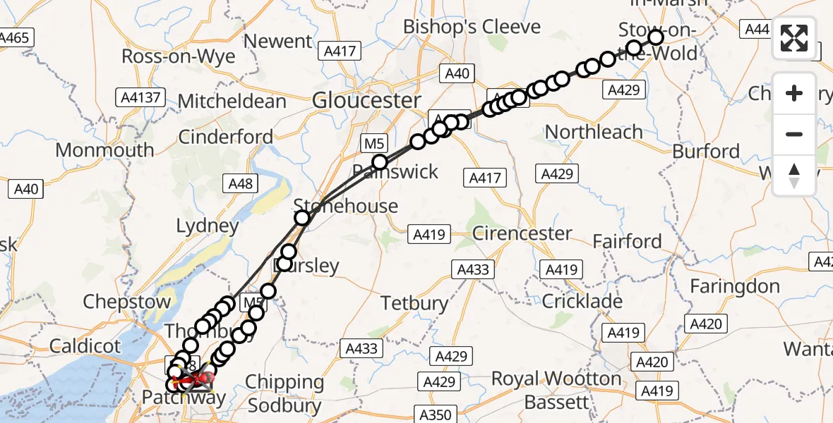 Flight route Air Ambulance Helicopter Almondsbury Helicopter Base - Almondsbury Helicopter Base, 25 May 2026, 13:51