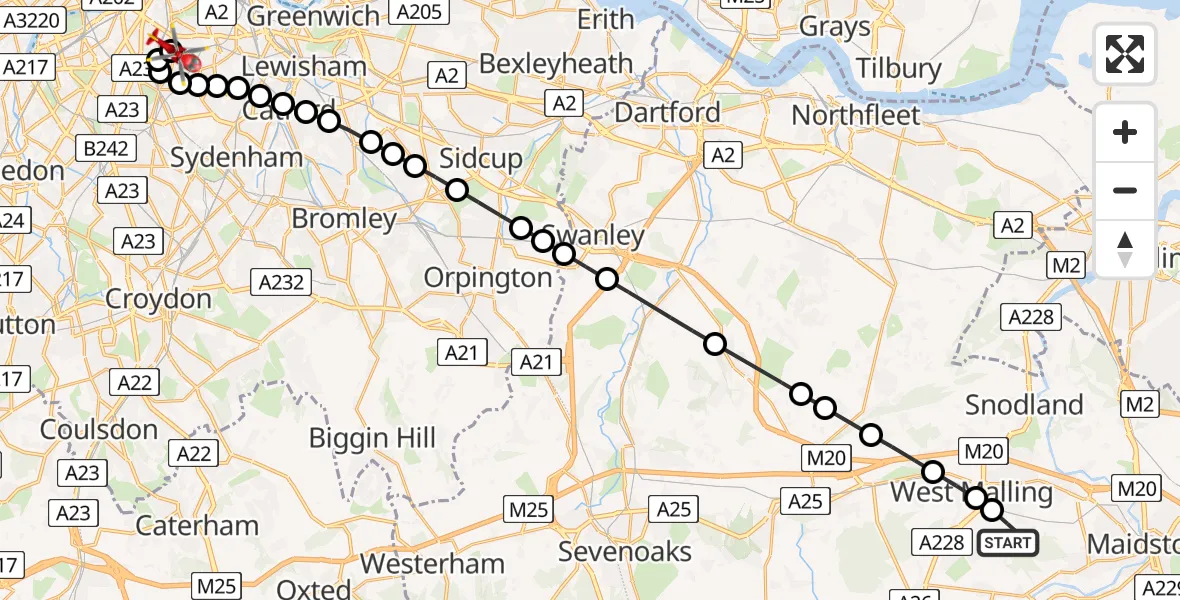 Flight route Air Ambulance Helicopter East Malling - Kings College London Hospital, 25 May 2026, 13:54