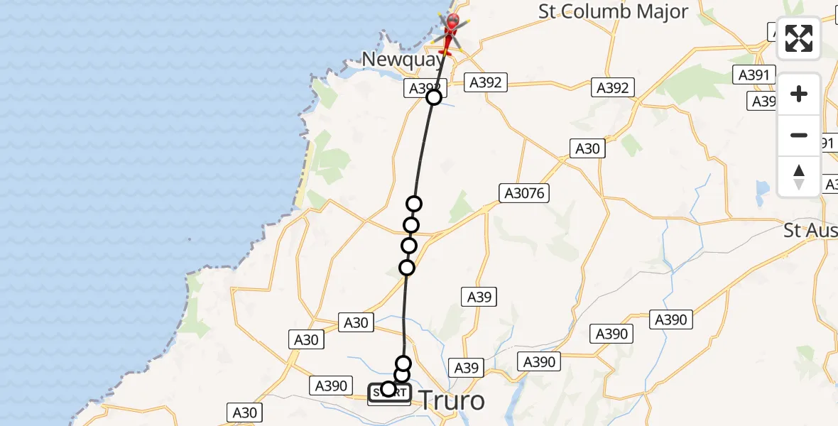 Flight route Air Ambulance Helicopter Treliske Hospital - Newquay, 25 May 2026, 14:06