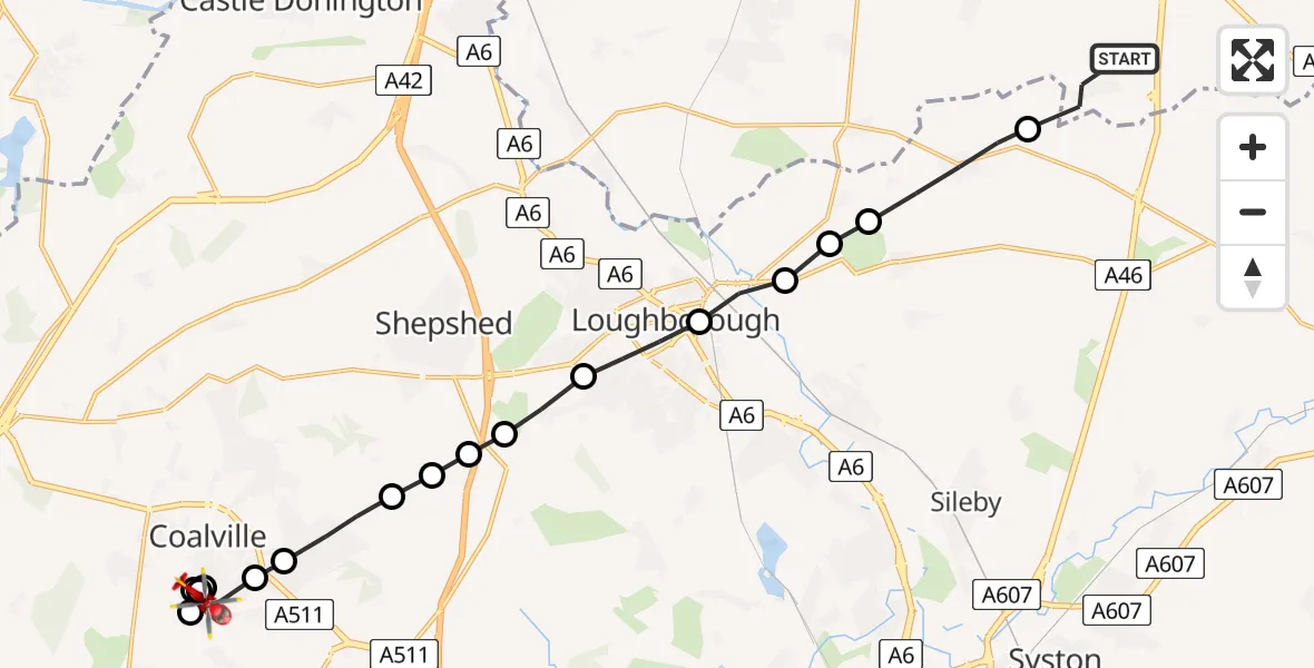 Flight route Air Ambulance Helicopter Willoughby on the Wolds - Hugglescote, 25 May 2026, 14:06