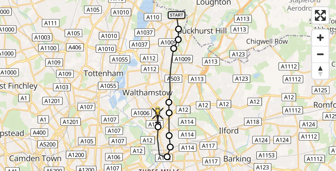 Flight route Police Helicopter Chingford - Leyton, 25 May 2026, 14:10