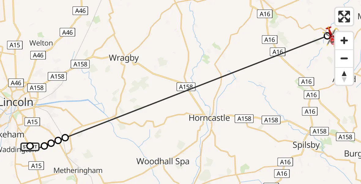 Flight route Air Ambulance Helicopter RAF Waddington - Withern, 25 May 2026, 14:12