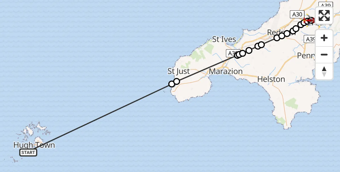 Flight route Air Ambulance Helicopter North Atlantic Ocean - Treliske Hospital, 25 May 2026, 14:13
