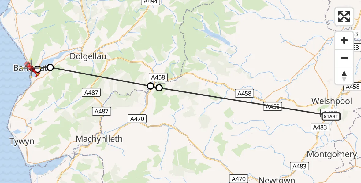 Flight route Air Ambulance Helicopter Welshpool Airport - Barmouth, 25 May 2026, 14:13