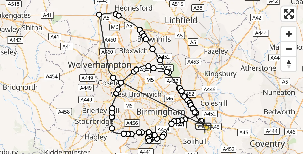Flight route Police Helicopter Birmingham Airport - Birmingham Airport, 25 May 2026, 14:14