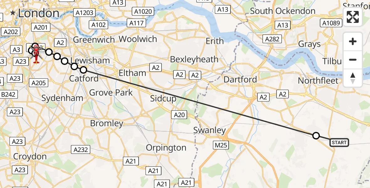 Flight route Air Ambulance Helicopter Sole Street - Kings College London Hospital, 25 May 2026, 14:27