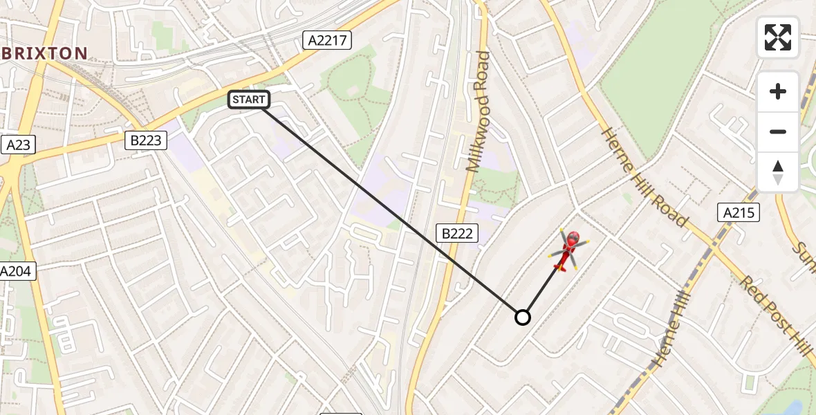 Flight route Air Ambulance Helicopter Brixton - Herne Hill, 25 May 2026, 14:27