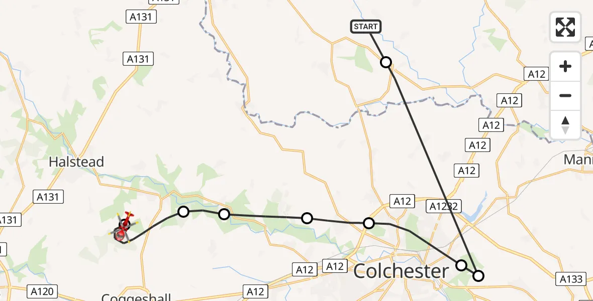 Flight route Air Ambulance Helicopter Polstead - Earls Colne Airfield, 25 May 2026, 14:27
