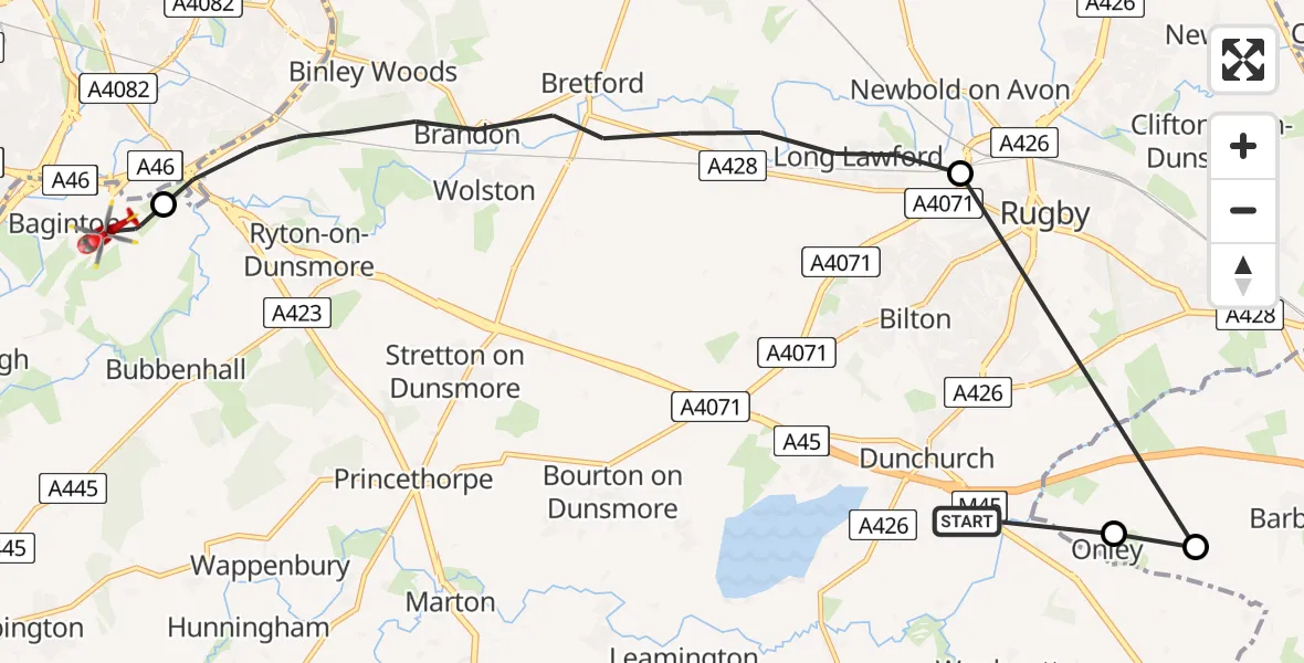 Flight route Air Ambulance Helicopter Rugby - Coventry Airport, 25 May 2026, 14:26