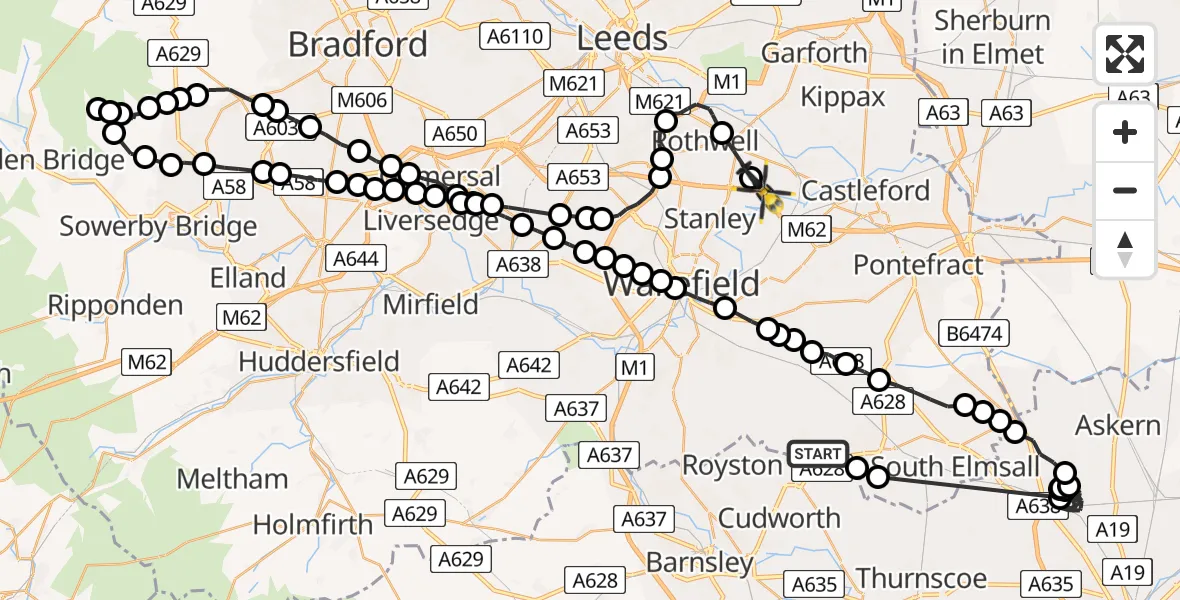 Flight route Police Helicopter South Hiendley - Methley, 25 May 2026, 14:26