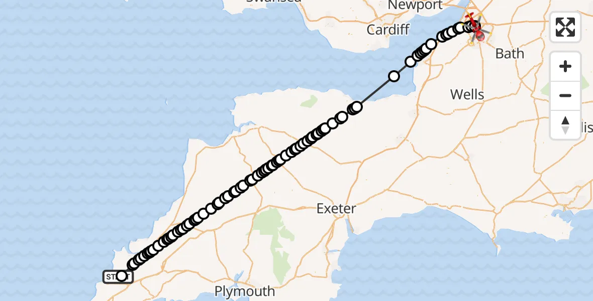 Flight route Air Ambulance Helicopter Cornwall Airport Newquay - Bristol, 25 May 2026, 14:36