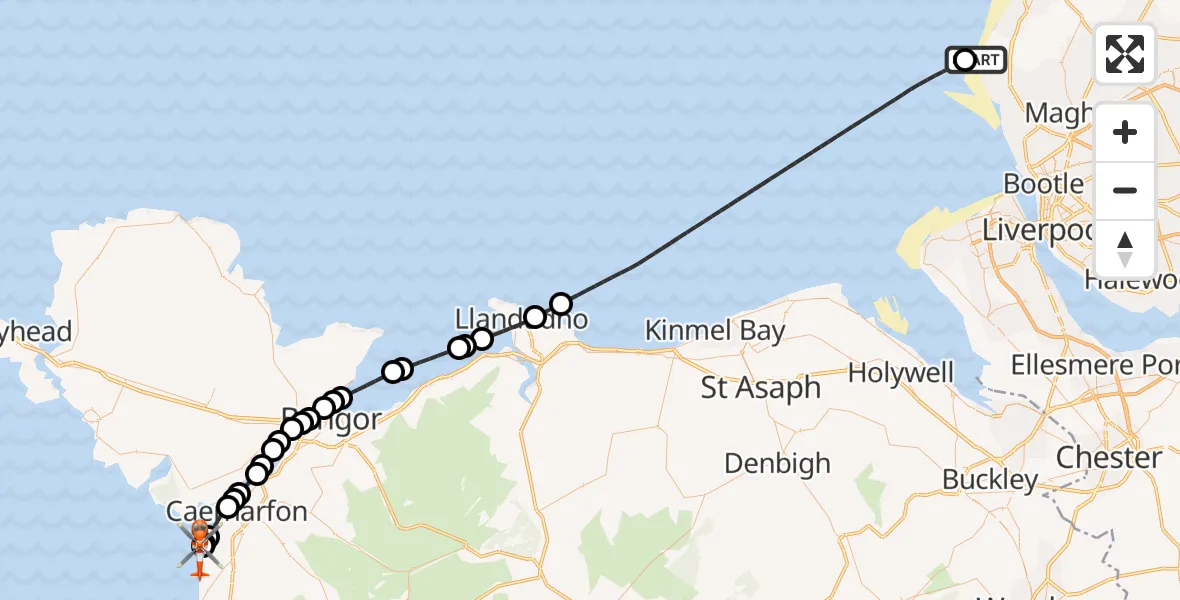 Flight route Coastguard Helicopter Sefton - Caernarfon Airport, 25 May 2026, 14:46