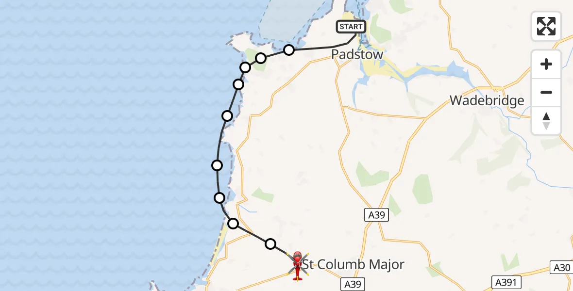 Flight route Air Ambulance Helicopter Padstow - Cornwall Airport Newquay, 25 May 2026, 15:45