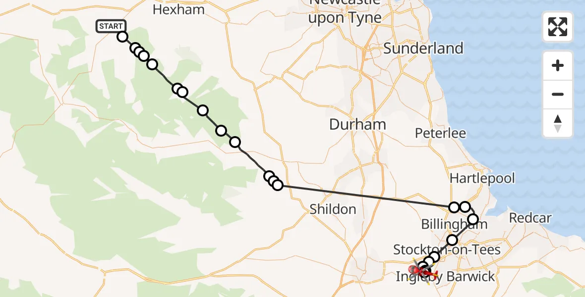 Flight route Air Ambulance Helicopter Haydon - Egglescliffe, 25 May 2026, 16:12