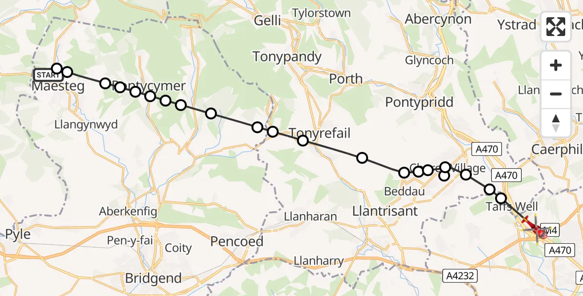 Flight route Air Ambulance Helicopter Maesteg - Tongwynlais, 25 May 2026, 16:13