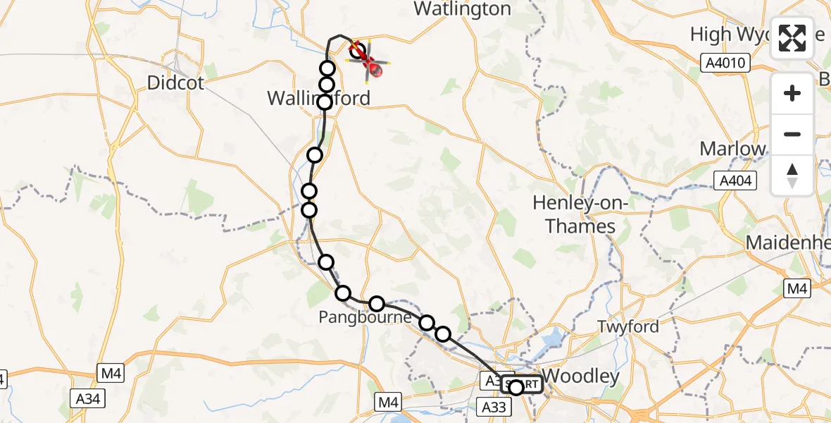 Flight route Air Ambulance Helicopter Royal Berkshire Hospital - RAF Benson, 25 May 2026, 16:13