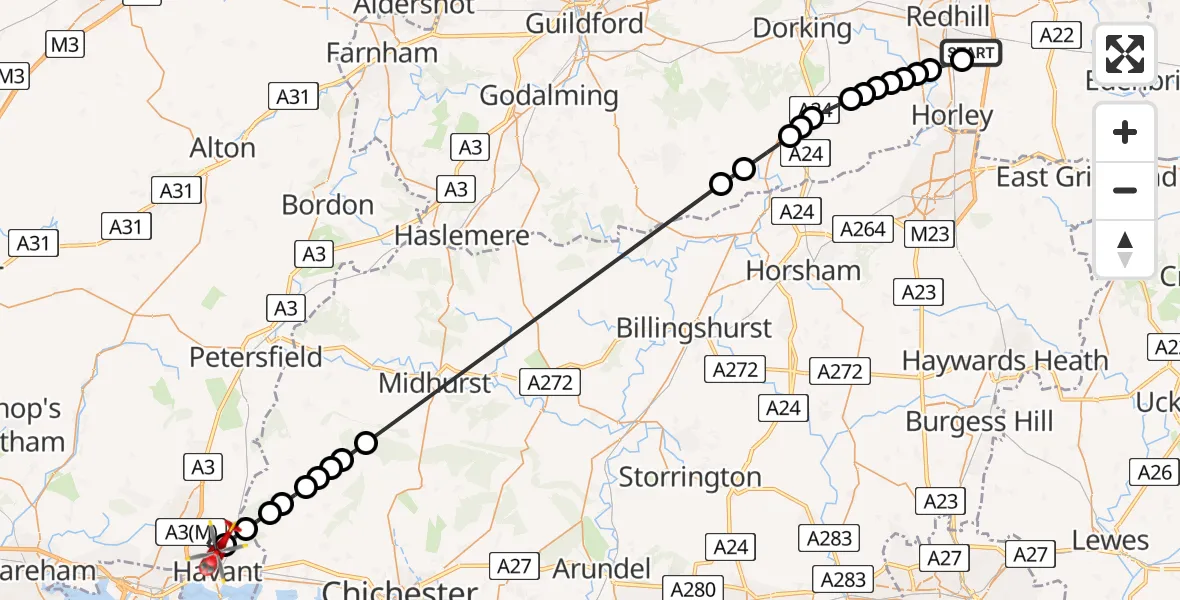 Flight route Air Ambulance Helicopter Redhill Aerodrome - Havant, 25 May 2026, 16:15