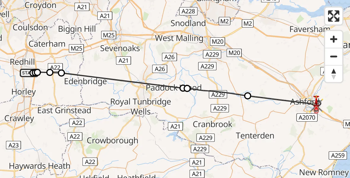 Flight route Air Ambulance Helicopter Redhill Aerodrome - Ashford, 25 May 2026, 16:16