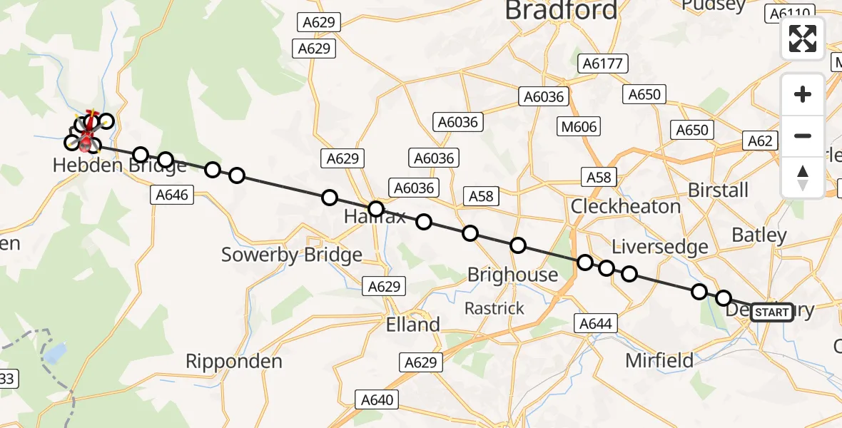 Flight route Air Ambulance Helicopter Dewsbury - Heptonstall, 25 May 2026, 16:30